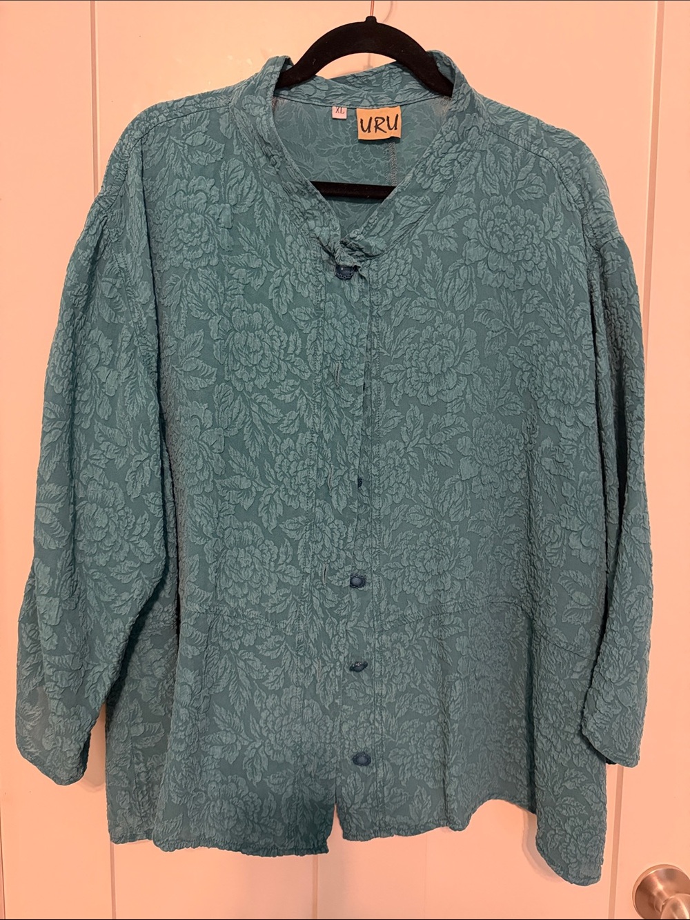 URU Teal 100% Silk Textured Floral Button-Up Blouse